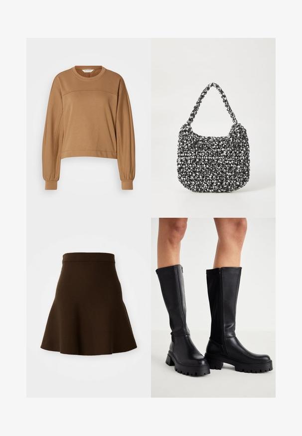 Afskåret, langærmet sweatshirt i lysebrun. Lavet af blødt materiale med en rund halsudskæring og plisserede ærmekanter. Enkel søm detalje.; Brun udvidet nederdel lavet af et blødt stof med en glat tekstur. Har en tætsiddende talje og et knælangt design, uden synlige mønstre.; Sorte knæhøje støvler lavet af glat kunstlæder med en kraftig sål, lynlås i siden og design med rund tå.; Vævet håndtaske i sort og hvid med en rund form, tekstureret overflade og et fletet håndtag. Velegnet til afslappet brug.