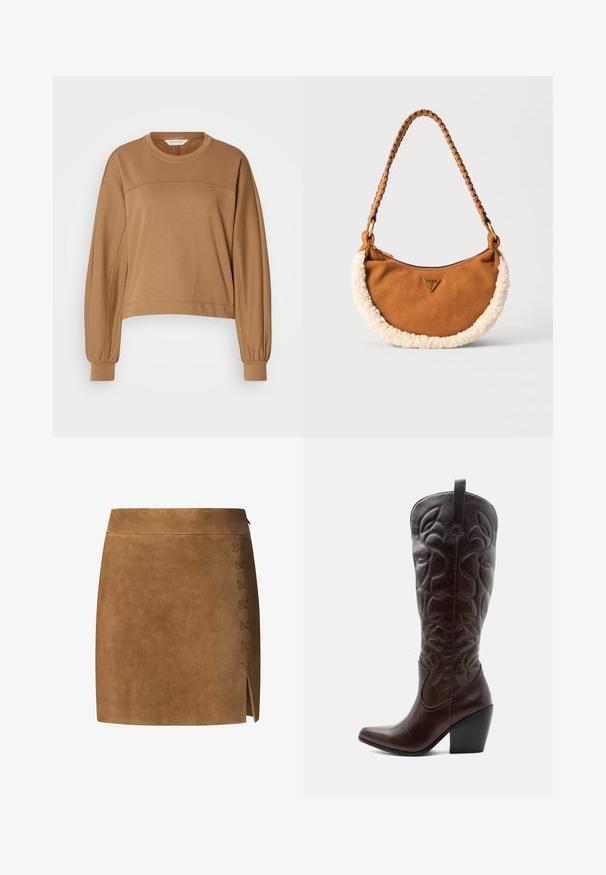 Afskåret, langærmet sweatshirt i lysebrun. Lavet af blødt materiale med en rund halsudskæring og plisserede ærmekanter. Enkel søm detalje.; Brun ruskind mini-nederdel med lige snit, der har en snøredetalje på venstre side og en lille slids i kanten.; Høj mørkebrun læder cowboystøvle med syede dekorative mønstre, spids tå og stablet blokhæle.; Brun suede tote med en cremet faux fur kant og et flettet håndtag. Har et trekantet logo på forsiden og en lynlåslukning.