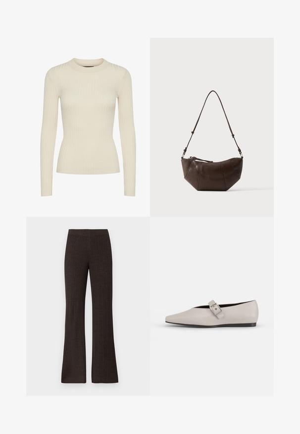 Haut à manches longues côtelé en blanc cassé, avec un col rond et une coupe ajustée, fabriqué à partir d'un tissu tricoté doux avec une texture subtile.; Pantalons évasés marron à côtes avec une large ceinture et une finition texturée, présentant des rayures verticales et une silhouette décontractée.; Chaussure plate en cuir beige avec un bout pointu, un accent de boucle sur le côté et une semelle noire basse. Texture lisse et design minimaliste.; Sac à bandoulière en cuir marron avec un fond incurvé et une sangle réglable sur un fond clair uni.