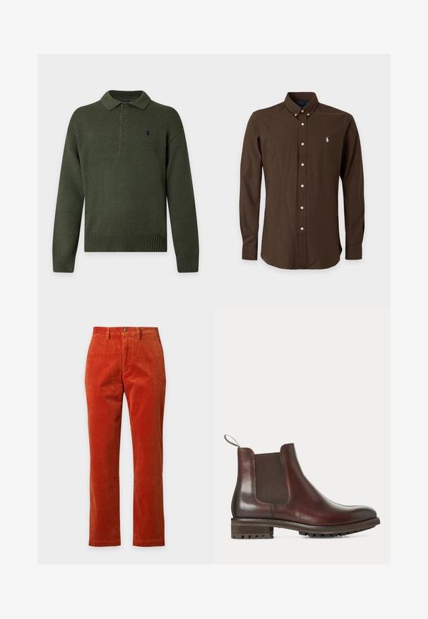 Jersey polo de punto verde oscuro con mangas largas, puños, cuello y dobladillo de canalé, y cuatro botones en la tapeta frontal.; Camisa marrón oscuro de manga larga con botones, cuello abotonado y pequeño logo blanco en el lado izquierdo del pecho.; Pantalones de pana naranja óxido de pierna recta con cierre de botón y cremallera, trabillas para cinturón y textura acanalada vertical visible.; Botín Chelsea de cuero marrón con panel lateral elástico, lengüeta en el talón y suela gruesa de goma con tacos.
