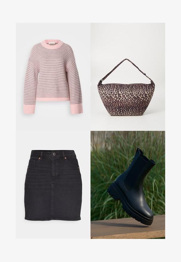 Pull rayé avec un schéma de couleurs rose clair et gris, texture douce en maille, poignets côtelés et encolure ronde.; Jupe en denim noir à coupe droite, fermeture à bouton unique, passants de ceinture et poches avant. Présente un léger décoloré et des accessoires en ton cuivre.; Bottes chevilles en cuir noir au design épuré, bout arrondi, panneaux latéraux élastiques et semelles en caoutchouc épaisses et texturées.; Sac à épaule en tissu avec imprimé léopard, de forme large et asymétrique, surface texturée et une seule bandoulière rembourrée.