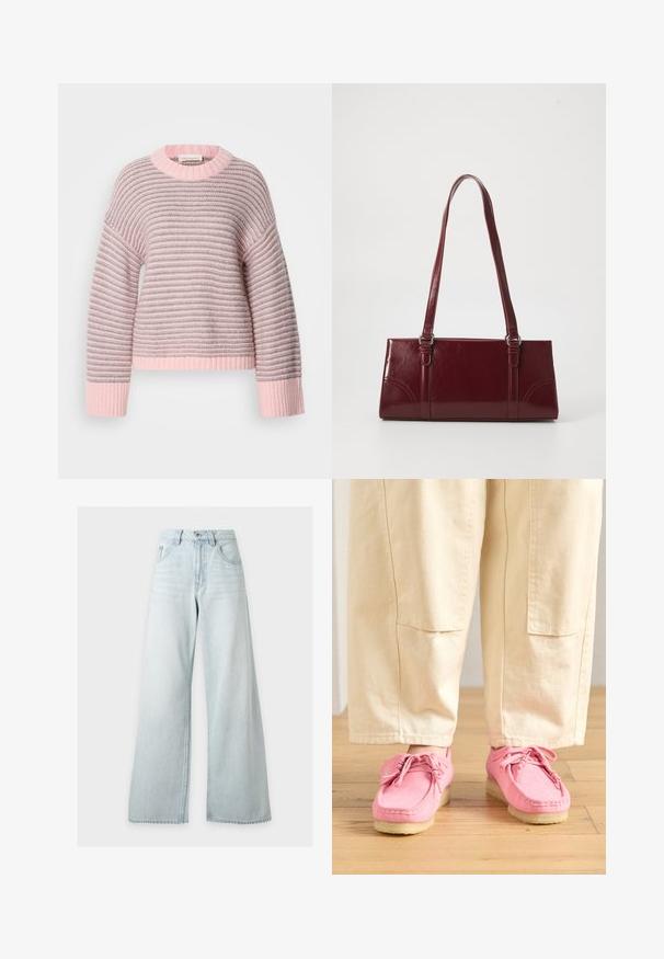 Gestreifter Pullover mit einem Farbschema in Hellrosa und Grau, weicher Strickstruktur, gerippten Bündchen und Rundhalsausschnitt.; Hellblaue, hochtaillierte, weit geschnittene Jeans mit Vorderknopf und Reißverschluss, vorderen Taschen und Gürtelschlaufen auf weißem Hintergrund.; Rosa Wildleder-Mokassins mit Schnürsenkeln, die eine strukturierte Oberfläche und eine hellbeige Gummisohle aufweisen, kombiniert mit beigen Hosen.; Burgunderfarbene Handtasche aus glänzendem Material, rechteckige Form, mit zwei Schulterriemen und subtilen, geschwungenen Akzenten an der Vorderseite.