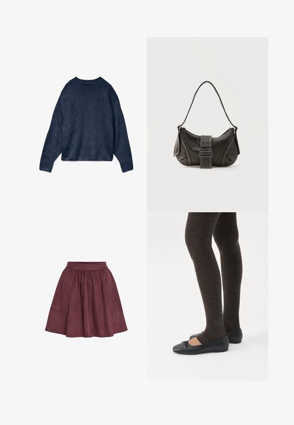 Marineblauwe ronde hals sweater met lange mouwen en geribbelde manchetten en onderrand, gemaakt van zachte gebreide stof.; Bordeaux suède rok met een flared vorm, elastische tailleband en twee zijzakken, met een zachte textuur en minimalistisch ontwerp.; Benen met donkere geribbelde leggings gecombineerd met zwarte ballerina's met kleine strikdetails op een witte achtergrond.; Zwarte leren schoudertas met gespsluiting aan de riem, afgeronde hoeken en contrasterende witte stiksels op een effen achtergrond.