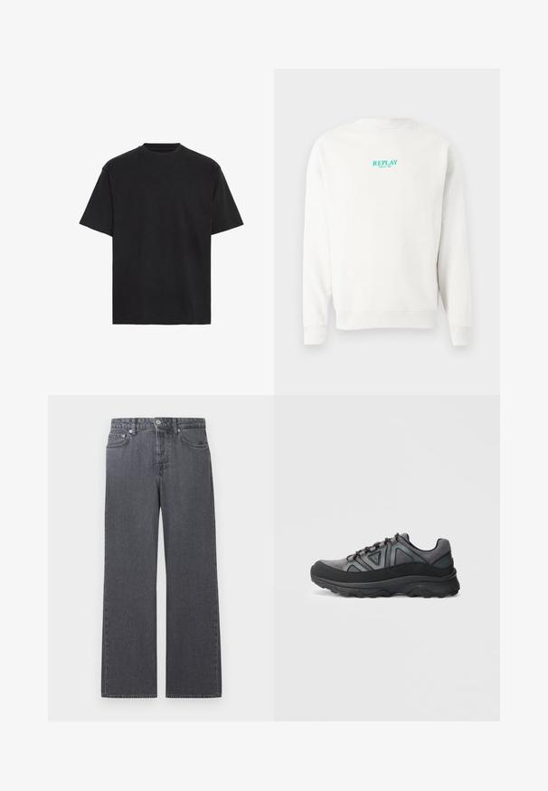 Sweat-shirt blanc à col rond en coton doux, avec un logo turquoise "REPLAY" et le texte "SINCE 1981" sur la poitrine. Design simple, manches longues.; T-shirt en coton noir, manches courtes, col rond, léger, coupe ample, texture lisse, sans motifs ni accents visibles.; Jean droit taille haute en denim gris foncé avec bouton frontal, fermeture éclair, et design à cinq poches sur fond blanc.; Baskets basses noires et grises avec semelle épaisse, lacets à l'avant et logo triangulaire sur le côté sur fond blanc.