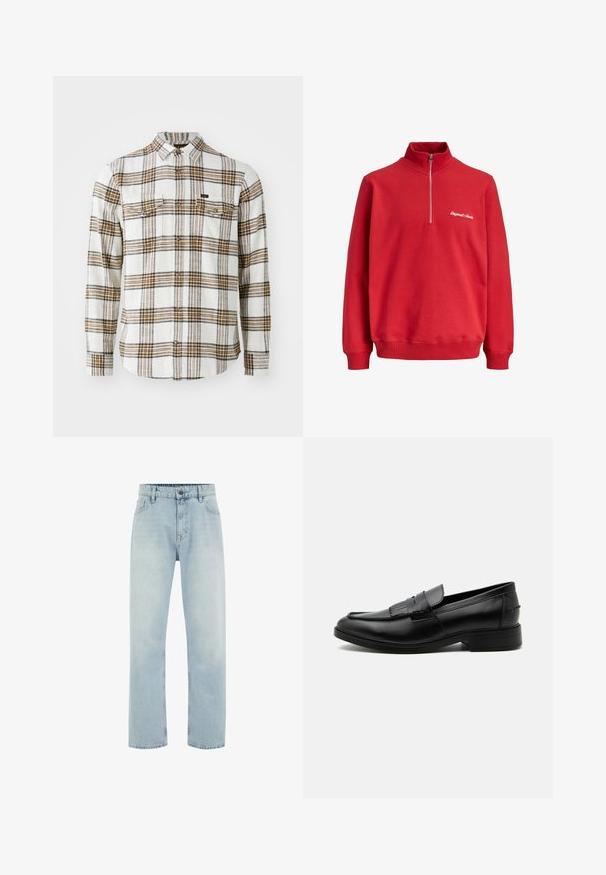 Rode sweatshirt met een hoge kraag, halflange rits en geribbelde mouwen. Bevat witte geborduurde tekst op de linkerkant van de borst. Gemaakt van zachte stof.; Lee CLEAN WESTERN - Overhemd - ecru ochre plaid; Lichtblauwe denim jeans met een rechte pijp, voorzien van zijzakken, een knoopsluiting en subtiele wassing voor textuur.; Zwarte leren herensloffen met kwastdetail, afgeronde neus, lage hak en glad gepolijst oppervlak, zij-aanzicht op een witte achtergrond.