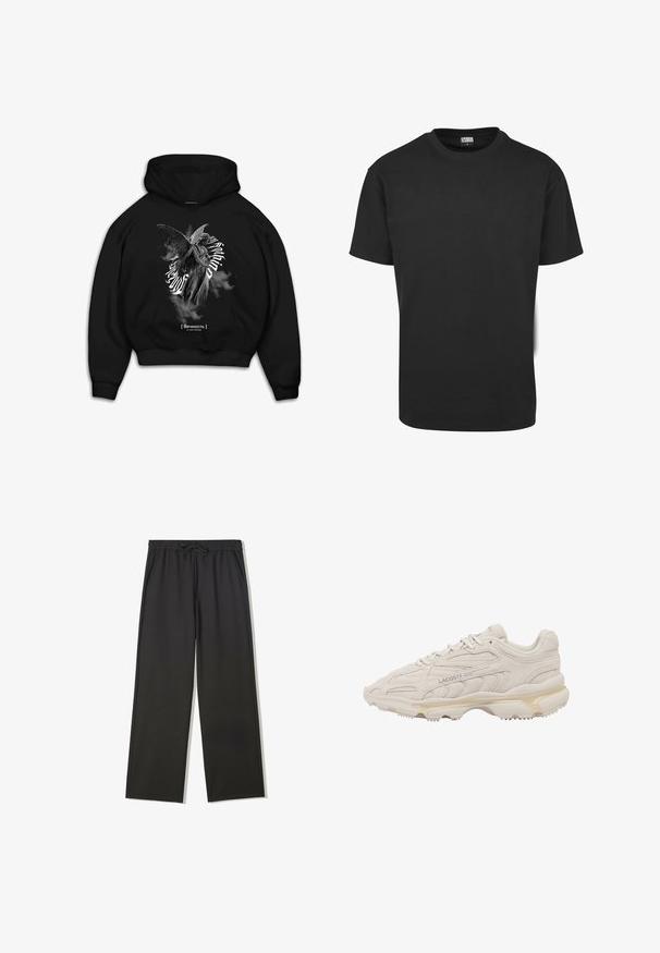 Hoodie noir avec un graphique d'une statue ailée entourée de texte tourbillonnant, en matériau coton, avec poche frontale et manches côtelées.; T-shirt en coton noir à manches courtes, col rond et coupe standard. Le tissu semble lisse et sans décoration.; Pantalon à taille élastique noire avec cordon de serrage et poches latérales, présentant une coupe décontractée et des jambes droites.; Baskets Lacoste beige avec dessus en daim texturé, coutures en forme de vague, semelle épaisse et rembourrée, et logo "LACOSTE" sur le côté.