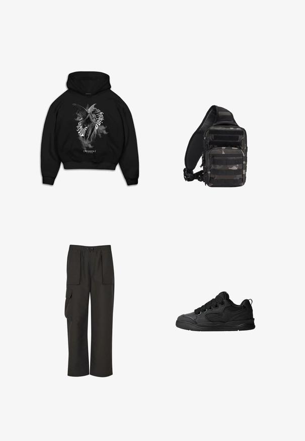 Hoodie noir avec un graphique d'une statue ailée entourée de texte tourbillonnant, en matériau coton, avec poche frontale et manches côtelées.; Urban Classics TECHNICAL - Pantalon cargo - black; Baskets noires avec une tige texturée, dotées de lacets, d'accents en mesh pour la respirabilité, d'un col rembourré et d'une semelle extérieure robuste.; Sac tactique compact camouflage noir et gris avec plusieurs compartiments zippés et une bandoulière rembourrée réglable.