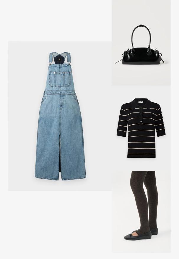 Sort og creme-stribet polo skjorte med korte ærmer, knaplukning foran og ribbet krave. Fremstillet af strikket stof med en glat overflade.; Lyseblå denim ærmeløs kjole med frontlomme, justerbare stropper og frontslids ned midt på.; Ben iført mørke ribbede leggings kombineret med sorte balletsko med små sløjfedetaljer på hvid baggrund.; Lille sort blank håndtaske med to lange håndtag og snøre-detaljer i siden på en ensfarvet lys baggrund.