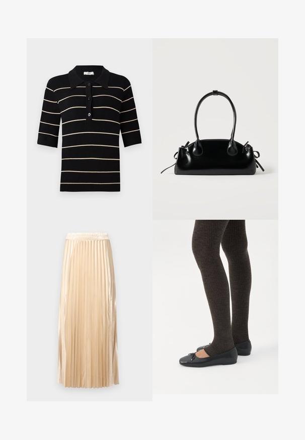 Sort og creme-stribet polo skjorte med korte ærmer, knaplukning foran og ribbet krave. Fremstillet af strikket stof med en glat overflade.; Plisseret midiskirt i lys beige satin med elastik i taljen og glat overflade, med lodrette striber der fremhæver designet.; Ben iført mørke ribbede leggings kombineret med sorte balletsko med små sløjfedetaljer på hvid baggrund.; Lille sort blank håndtaske med to lange håndtag og snøre-detaljer i siden på en ensfarvet lys baggrund.