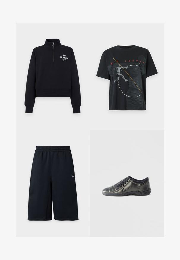 Sweat-shirt court à manches longues noir avec col demi-fermeture éclair et texte blanc "nike athletics" avec logo swoosh sur la poitrine gauche.; T-shirt noir Air Jordan avec un graphisme d'un joueur de basket en plein saut et le texte rouge "AIR JORDAN" au-dessus.; Shorts de sport noirs longueur genou avec ceinture élastique et petit logo Jumpman blanc sur la jambe gauche sur fond uni.; Baskets Nike basses noires avec des lacets, des détails cousus et une semelle texturée sur un fond blanc uni.
