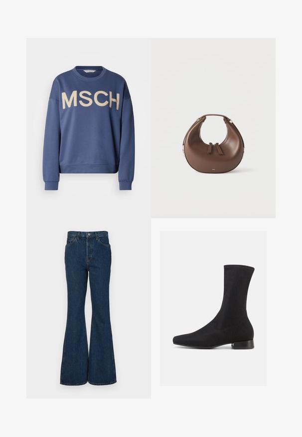Sweat-shirt bleu à col ras du cou, manches longues, avec "MSCH" brodé en or sur le devant. Tissu doux avec une coupe décontractée.; Jeans évasés bleu foncé en denim. Dotés d'une taille haute, de cinq poches et d'une couture contrastante. Texture lisse et finition soignée.; Bottine noire à tige en tissu lisse et extensible, avec un petit talon empilé. Caractérisée par un bout pointu et un design sans coutures.; Sac à main en cuir marron en forme de croissant avec une poignée supérieure et deux curseurs de fermeture éclair, sur fond blanc.