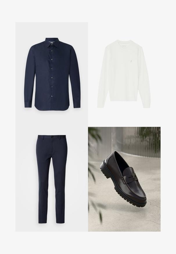 Witte trui met lange mouwen, gemaakt van zacht gebreid materiaal. Voorzien van een ronde hals en een klein borduursel van een vogel op de linkerborst.; Navy lange mouwen shirt met een button-down kraag, gladde textuur en een knoopsluiting aan de voorkant; beschikt over een getailleerde pasvorm en een afgeronde zoom.; Marinebroeken gemaakt van een gladde, rekbare stof. Voorzien van een ritssluiting, een enkele knoopsluiting en smalle, taps toelopende pijpen.; Bruine leren loafers met een getextureerde, geribbelde rubberen zool. Beschikt over een slank ontwerp en een decoratieve band over de wreef.