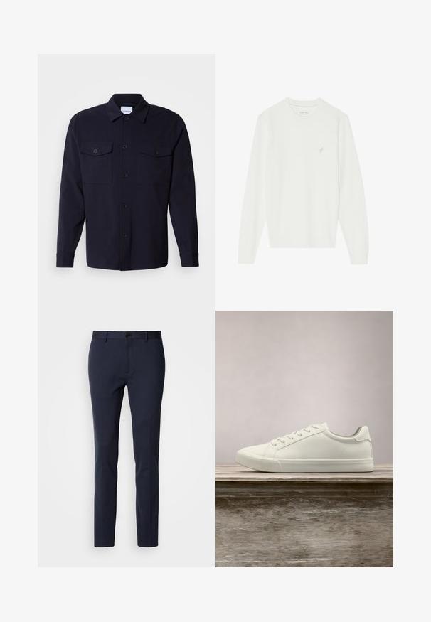 Suéter blanco de manga larga hecho de un material de punto suave. Tiene cuello redondo y un pequeño diseño bordado de un pájaro en el pecho izquierdo.; Chaqueta de camisa azul marino hecha de una tela suave, con dos bolsillos en el pecho, un frente abotonado y mangas largas con puños abotonados.; Pantalones navy fabricados con una tela suave y elástica. Cuentan con cremallera, un solo botón de cierre y piernas delgadas y ajustadas.; Zapatilla blanca con cordones flotando sobre un banco de madera con follaje verde al fondo, mostrando el diseño y la textura del zapato.