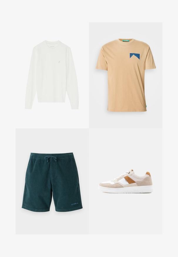Hvid langærmet sweater lavet af blødt strikket materiale. Har en rund hals og et lille broderet fugledesign på venstre bryst.; Scotch & Soda RELAXED FIT FRONT BACK - T-shirts print - tannin; Mørkegrønne kordfløjsbadetights med elastisk talje og snøre. Har logo på den nederste højre ben. Glat tekstur, knælangt design.; Lavskoet sneakers i beige, hvid og tan med snørebånd, teksturerede paneler og hvid gummisål med "Lee"-mærke.