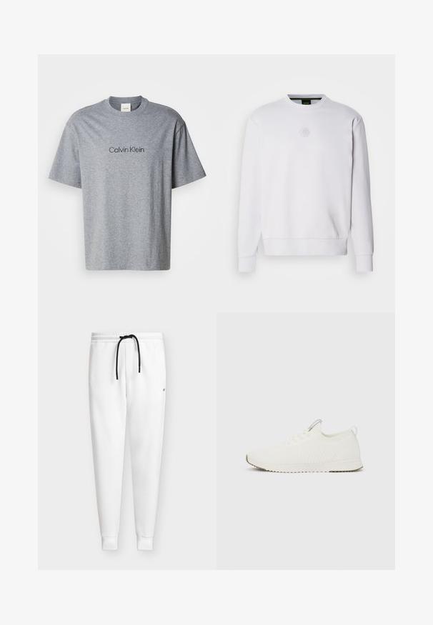 Sudadera blanca de tejido suave, con cuello redondo, puños acanalados y un sutil logo hexagonal en el pecho. Diseño sencillo.; Camiseta de algodón gris con mangas cortas, cuello redondo y un logotipo impreso de "Calvin Klein" en un tono más oscuro en el pecho.; Pantalones deportivos blancos entallados con cintura elástica, cordón negro, tobillos con puños y un logo pequeño y discreto en la cadera derecha.; Zapatilla blanca de corte bajo con parte superior de punto, diseño con cordones, lengüeta en el talón y suela acanalada para mayor agarre.