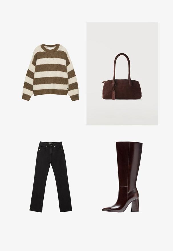 Braun-creme gestreifter Strickpullover mit Rundhalsausschnitt, oversized Passform sowie gerippten Bündchen und Saum. Weicher, strukturierter Stoff.; Schwarze Jeans aus Denim im geraden Schnitt, mit fünf Taschen und dezenten Kupferriegel-Akzenten. Hergestellt aus robustem Baumwollstoff.; Braune Leder-Knöchelstiefel mit spitzem Zehenbereich und strukturiertem Blockabsatz. Verfügt über eine klare Linienführung und minimale Nähdetails.; Dunkelbraune Wildleder-Handtasche mit zwei langen Henkeln und einem kleinen befestigten Anhänger vor einem schlichten, hellen Hintergrund.