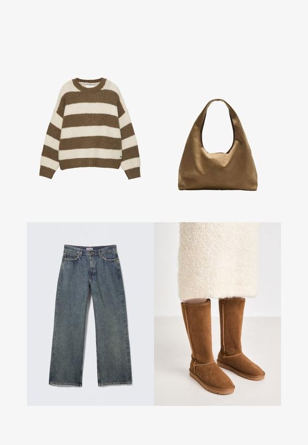 Pull en maille rayé marron et crème avec un col rond, une coupe oversize, et des poignets et un ourlet côtelés. Tissu doux et texturé.; Jean en denim bleu à jambes larges avec une taille haute, un design à cinq poches et un léger effet usé sur le tissu. Étiquette de la marque visible sur la ceinture.; Bottes en suède marron à hauteur de genou avec une texture lisse, présentant des coutures latérales et une semelle en caoutchouc pour une bonne traction.; Sac à épaule en tissu marron avec un corps large et arrondi et une grande poignée découpée. Texture douce, design minimaliste et aucun matériel visible.