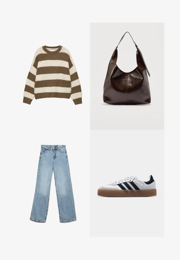 Brun og cremefarvet stribet strikket sweater med rund halsudskæring, oversized pasform samt ribstrikkede manchetter og kant. Blødt, tekstureret stof.; Lyseblå højtaljede jeans med vide ben, knap- og lynlås-lukning, for- og baglommer samt bæltestropper.; Hvide lædersneakers med sorte striber, gummirubber sål, rund tå, snørelukning og blød grå ruskinds tåhætte.; Mørkebrunt, skinnende læder skuldertaske med en enkelt bred rem og spændedetalje på den ene side, sat mod en ensartet lys baggrund.