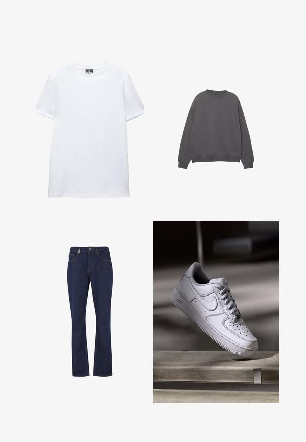 Dunkelgraues Sweatshirt mit Rundhalsausschnitt und langen Ärmeln, mit gerippten Bündchen und Saum, flach auf weißem Hintergrund dargestellt.; Einfaches weißes T-Shirt mit kurzen Ärmeln und Rundhalsausschnitt mit einem schwarzen Pull&Bear-Etikett innen am Kragen, abgebildet auf weißem Hintergrund.; Dunkelblaue Jeans mit geradem Bein, vorne mit Knopf und Reißverschluss, mit Vorder- und Gesäßtaschen und sichtbaren Nahtdetails.; Weißer Nike Air Force 1 Sneaker aus Leder mit perforierter Zehenpartie, flachen Schnürsenkeln und strukturierter Gummisohle mit "AIR"-Branding an der Seite.