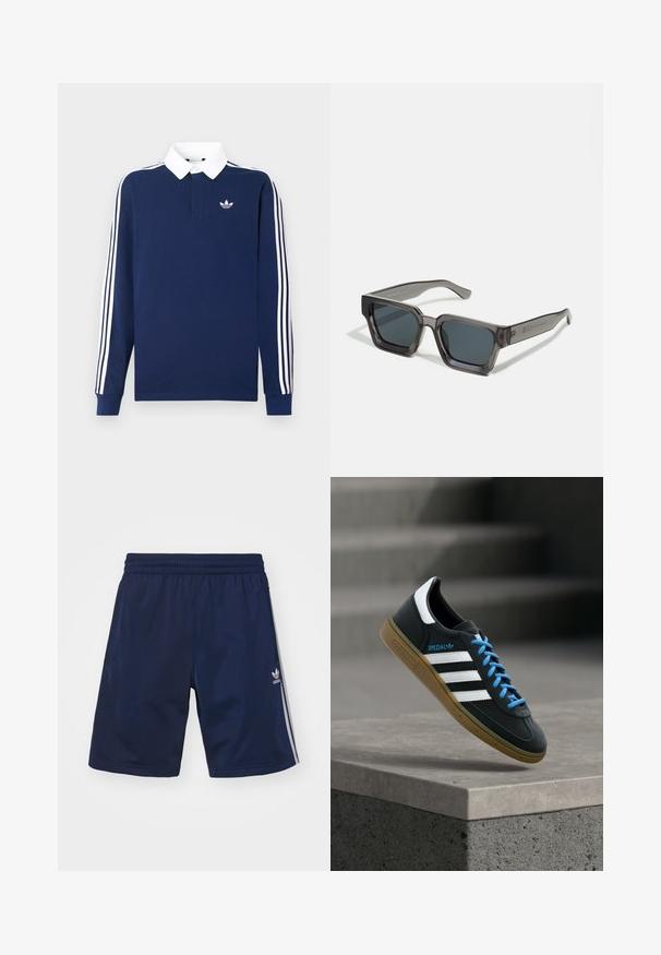 Marineblaues, langärmeliges Poloshirt aus Baumwollstoff, weißer Kragen, klassische drei weiße Streifen entlang der Ärmel, mit kleinem Logo auf der Brust.; Marineblaue Sportshorts aus leichtem Material, mit einem elastischen Bund und drei weißen Streifen an den Seiten. Adidas-Logo sichtbar.; Schwarzer Adidas-Sneaker mit weißen Streifen, blauen Schnürsenkeln und Gummisohle, der über einer grauen Betontreppe im weichen Licht schwebt.; Jack & Jones JACPETER SUNGLASSES UNISEX - Sonnenbrille - grey