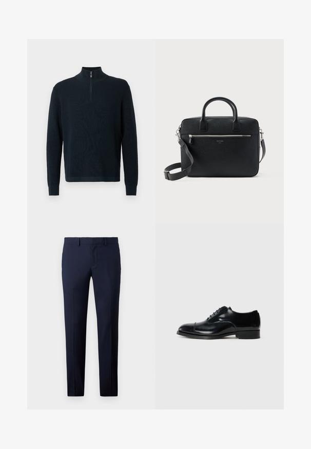Mørkeblå zip-up sweater med høj krave, struktureret strikkemønster, ribbede manchetter og lige kant. Fremstillet af blødt stof.; Marineblå skræddersyede bukser med slim fit, lige ben, glat tekstur og bæltestropper, velegnede til formelt eller kontorbrug.; Sort læder dress sko med en poleret finish, afrundet tå, snøredesign og en lav stablet hæl, der har en subtil sømdetalje.; Sort struktureret rektangulær lædermappe med dobbelthåndtag, lynlåslomme foran og justerbar skulderrem vist på hvid baggrund.