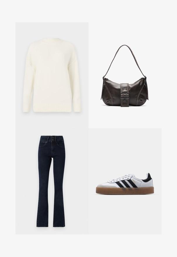 Pull en tricot blanc avec un col et des poignets en côtes. Présente une coupe décontractée et une texture douce, idéale pour superposer lors des temps plus frais.; Jean évasé bleu foncé à taille haute, fermeture à deux boutons, cinq poches et texture denim lisse.; Baskets en cuir blanc avec des rayures noires, semelle extérieure en caoutchouc beige, bout rond, fermeture lacée et embout en suède gris doux.; Sac à épaule en cuir marron avec une forme courbée, présentant un détail de boucle proéminent, des coutures contrastantes et une seule bandoulière.