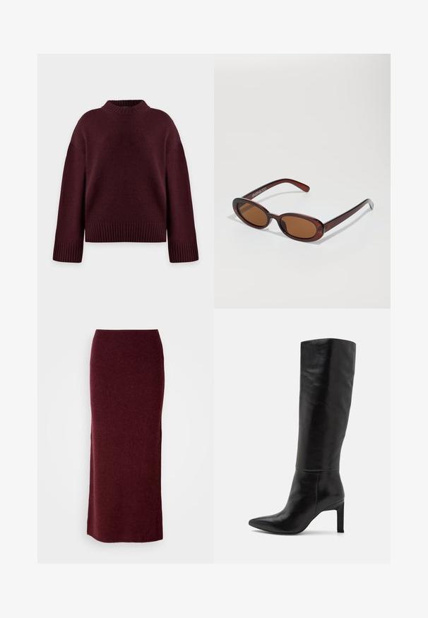 Pull en maille bordeaux foncé avec col, poignets et ourlet côtelés, manches longues et coupe décontractée.; Jupe maxi en laine bordeaux avec une silhouette ajustée, une texture lisse et un ourlet droit. Sans fermetures ou embellissements visibles.; Bottes noires en cuir à talons aiguilles, montant jusqu'au genou, avec une pointe fine et une texture lisse. Le talon est de style bloc, ajoutant de la stabilité au design.; Lunettes de soleil rondes teinte brun avec une monture bordeaux brillante. Branches fines avec un détail de marque subtil. Design de verres plats.