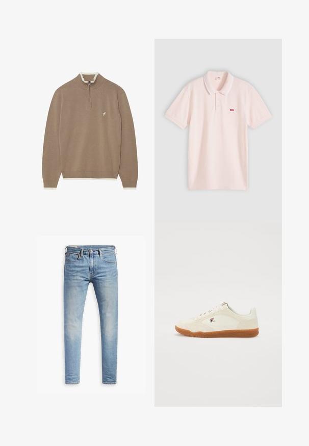 Pier One Svetrík - 704 - beige; Svetloružové polo tričko s krátkymi rukávmi, bielym lemom na golieri, tromi gombíkmi a malým červeným logom Levi's na ľavej strane hrude.; Svetlo modré úzke džínsy s miernym prehrdzavením na stehnách, predným gombíkovým zapínaním, pútkami na opasok a štýlom s piatimi vreckami na bielom pozadí.; Biele kožené tenisky s hnedou gumovou podrážkou, s prešitým dizajnom a malou nášivkou loga na boku. Nízky strih.