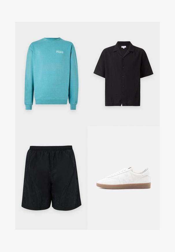 Turkis bomulds sweatshirt, rund hals, lange ærmer, ribbede manchetter og kant, med et lille hvidt grafisk logo på venstre bryst.; Sort kortærmet knap-op skjorte med krave, fem knapper foran og lige kant.; Sorte shorts lavet af letvægts, struktureret stof, der har en elastisk talje og sidelæns paneldetaljer for et strømlinet udseende.; Hvid lav sneaker med gummisål i naturfarve, syninger og snørebånd på neutral baggrund.
