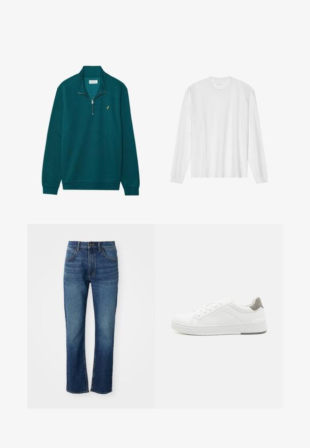 Sweat-shirt zippé teal avec un col montant. Présente un accent logo doré sur la poitrine et des poignets et un ourlet côtelés. Texture de tissu douce.; T-shirt blanc en coton à manches longues avec col rond, doté de poignets côtelés et d'un ourlet droit, texture lisse et design minimaliste.; Jean en denim bleu avec un design à jambe droite, comportant cinq poches, une fermeture à boutons et des coutures jaunes contrastantes. Texture lisse.; Basket blanche en cuir lisse, à bout arrondi, design minimaliste, accent de talon gris et semelle en caoutchouc texturé.