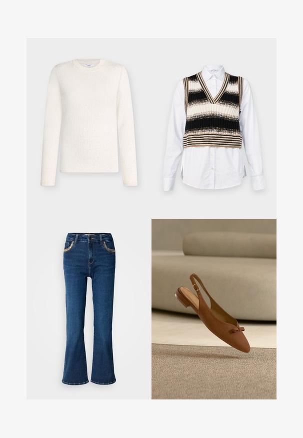 Ribbet, langærmet sweater i off-white med rund halsudskæring og subtile teksturmønstre over hele.; Veronica Beard SPEAR VEST - Bluse - white/multi; Mørkeblå brede jeans med en glat denimoverflade, kontrasterende gyldne syninger og forlommer. Klassisk fem-lomme design.; Brun ruskindslå på flad sko med en lille sløjfe på tåen og guldlås, vist mod en beige sofa og tæppe.