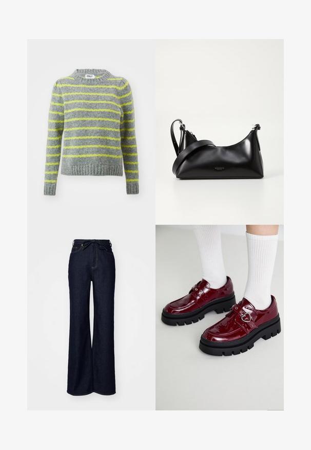 Grijze trui met gele strepen, gebreide textuur, ronde halslijn, geribbelde zoom en manchetten, lange mouwen, zacht materiaal.; Donkerblauwe ruime spijkerbroek van denim, met hoge taille, voorzakken en een striksluiting in de taille.; Bordeaux patent leren schoenen met een dikke zwarte zool, dubbele band met hartdetail en geribbelde witte sokken. Retro ontwerp met dikke grip.; Zwarte leren handtas met een gladde textuur. Beschikt over een verstelbare schouderband en een strak, minimalistisch ontwerp met een ritssluiting.
