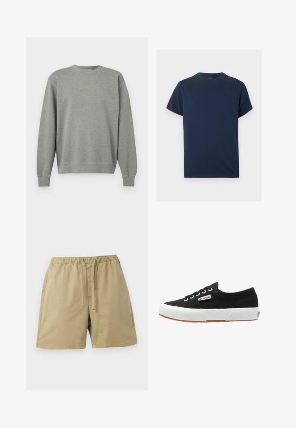 Ensfarvet grå crewneck-sweatshirt med lange ærmer og ribstrikkede ærme- og bundkanter, vist mod en hvid baggrund.; Marineblå t-shirt med korte ærmer og rund hals, med et lille, diskret broderet logo på venstre bryst.; Beige bomuldsshorts med elastik i taljen, snøre foran, sidelommer og lige kant mod en lys grå baggrund.; Sort lærredssneaker med hvid gummisål og brunt gummiydersål. Har rund tå, snørebåndsdesign og lille logoetiket på siden.