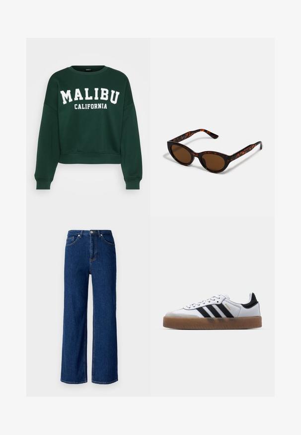 Grøn cropped sweatshirt med lange ærmer. Har hvid tekst med ordene "MALIBU CALIFORNIA" på brystet. Blødt stof og ribkant ved ærmerne.; Bredde ben denimjeans i mørkeblå, med et klassisk fem-lomme design, diskret syninger og en metalknaplukning ved taljen.; Hvide lædersneakers med sorte striber, gummirubber sål, rund tå, snørelukning og blød grå ruskinds tåhætte.; Brune skildpadde solbriller med en vintage katteøje-form og brune linser. Har buede arme med røde detaljer.