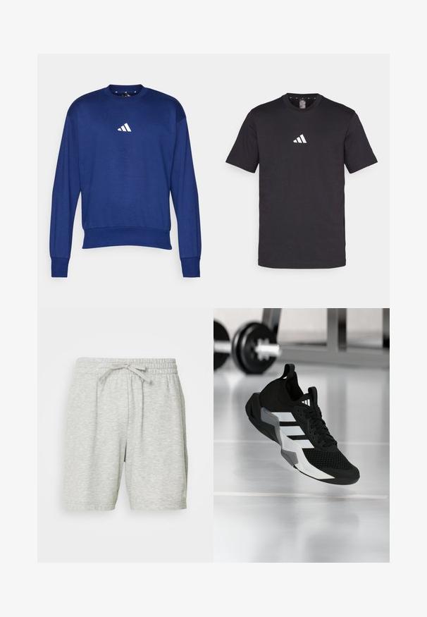 Blauwe sweatshirt met lange mouwen van zachte stof. Heeft een ronde hals en een wit Adidas-logo op de borst. Ribbeluitsneden aan de mouwen en onderkant.; Zwarte katoenen T-shirt met korte mouwen, voorzien van een wit Adidas-logo op de borst. Klassiek ontwerp met ronde hals.; Lichtgrijze sportshorts gemaakt van zachte stof, met een elastische tailleband en een trekkoord voor een verstelbare pasvorm en twee zijzakken.; Zwart sportief schoen met een mesh bovenwerk, witte strepen en grijze accenten. Voorzien van een gevoerde kraag en een rubberen zool. Geschikt voor gebruik in de sportschool.