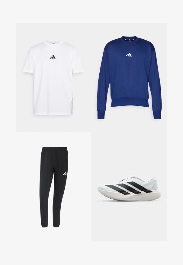 Blauwe sweatshirt met lange mouwen van zachte stof. Heeft een ronde hals en een wit Adidas-logo op de borst. Ribbeluitsneden aan de mouwen en onderkant.; Witte katoenen T-shirt met een klein zwart driehoekig logo op de borst, korte mouwen en een ronde halslijn. Eenvoudig en klassiek ontwerp.; Zwarte atletische joggerbroek met elastische tailleband en boorden, met een klein wit Adidas-logo op de rechterdij.; Witte hardloopschoen met drie grote zwarte strepen aan de zijkant en een dikke, gebogen zool met het label Lightstrike Pro.