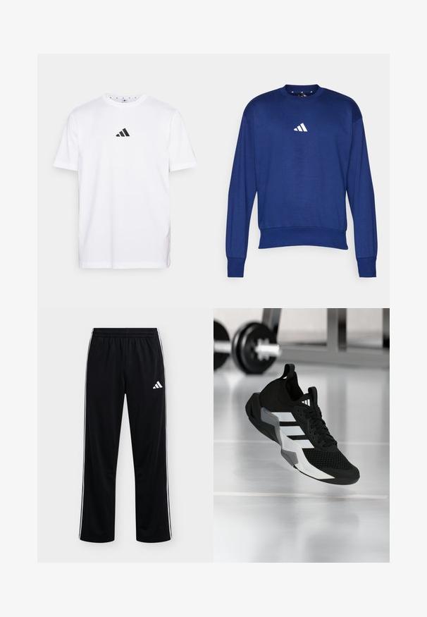 Blaues Langarm-Sweatshirt aus weichem Material. Hat einen Rundhalsausschnitt und ein weißes Adidas-Logo auf der Brust. Rippbündchen an den Ärmeln und am Saum.; Weißes Baumwoll-T-Shirt mit einem kleinen schwarzen dreieckigen Logo auf der Brust, kurzen Ärmeln und rundem Ausschnitt. Einfaches und klassisches Design.; Schwarze Adidas Trainingshose mit weißen Seitenstreifen und Logo am oberen linken Oberschenkel, elastischem Bund, gerader Beinführung.; Schwarzer Sportschuh mit Mesh-Obermaterial, weißen Streifen und grauen Akzenten. Verfügt über einen gepolsterten Kragen und eine Gummisohle. Geeignet für die Nutzung im Fitnessstudio.