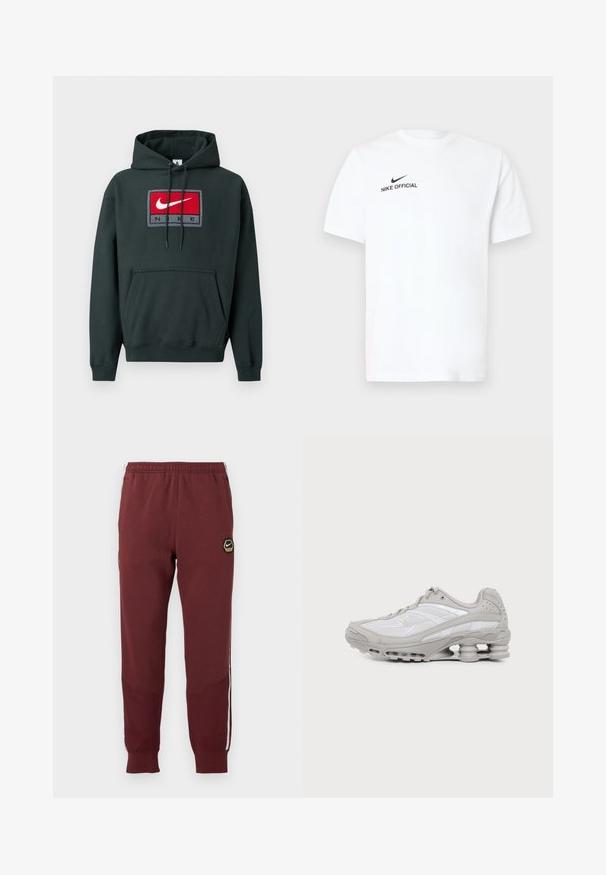 Mørkegrøn hættetrøje lavet af blødt stof, med en stor Nike-logo i rød og hvid på et rektangulært mærke med grå accenter. Frontlomme.; Hvid bomulds T-shirt med korte ærmer. Har en sort "Nike Official"-logo og en sort swoosh på venstre brystside.; Mørkerøde sweatpants med et sekskantet Nike-logo, elastisk talje, to sidelommer og hvide sidelommer. Tekstureret stof med tapered ben-design.; Grå og hvid atletiksko med synlig luftpolstret sål og mesh-paneler, vist i profil på en ensartet lys baggrund.