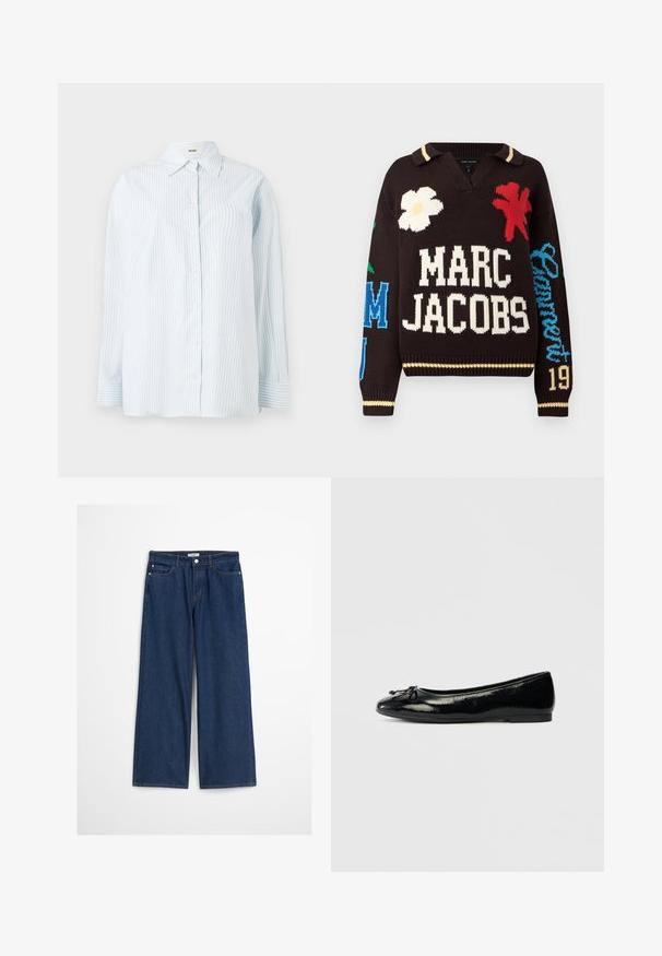 Mustast kootud kampsun, millel on suur valge tekst "MARC JACOBS", värvikad lillemotiivid ja paremal varrukal tikitud "Garment 19".; Sinine triibuline nööbiga särk, mis on valmistatud sileda tekstuuriga kangast; omab klassikalist kraed ja pikki varrukaid nööpmanšettidega.; Tumesinised laia säärega teksapüksid kõrge vöökohaga, valmistatud denimist. Omavad esitaskuid, vööaasa ja nööp-kinnitust. Klassikaline disain.; Must musta nahk ballet plätud ümmarguse varbaga, dekoratiivne lipsu detail ja lame tald. Sile struktuur ja minimalistlik disain.