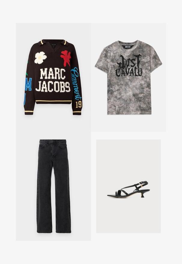 Sort strikket sweater med stor hvid tekst "MARC JACOBS", farverige blomster-motiver og "Garment 19" broderet på højre ærme.; Grå kortærmet t-shirt med en tekstureret overflade og et sort "Just Cavalli" logo på forsiden. Rund halsudskæring.; Sorte denimjeans med bred ben-design, der har en klassisk fem-lomme stil, knaplukning og diskret falmning.; Sort damesandal i læder med tynde krydsede stropper, lav kittenhæls og lille guldbeklædt spænde på ankremmen.