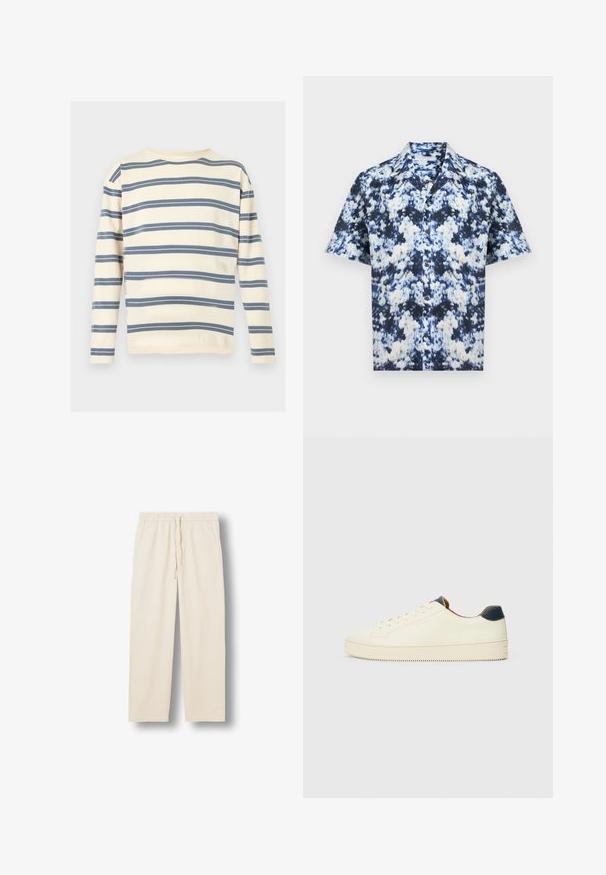 Chemise à manches longues crème avec de larges rayures horizontales bleu marine réparties uniformément sur le corps et les manches.; Chemise à manches courtes avec boutons, arborant un motif floral abstrait bleu, blanc et noir, dotée d'un col style camp.; Pantalon beige à taille élastique avec cordon et poches latérales, coupe droite, présenté sur un fond blanc plat.; Sneakers en cuir blanc avec une surface texturée, une pointe arrondie et un accent de talon bleu marine. Présente des coutures sur les côtés et une semelle texturée.