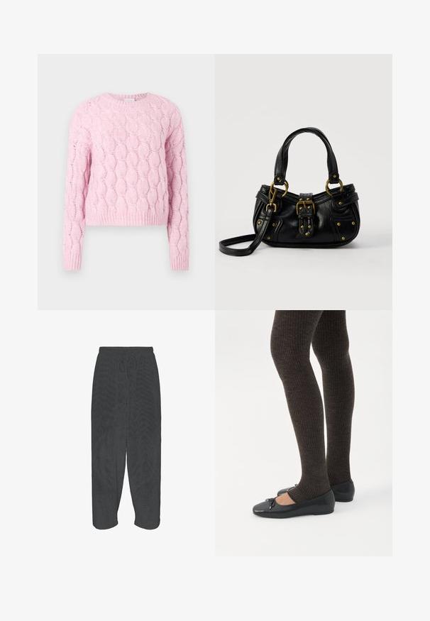 Pull rose en tricot avec un motif torsadé texturé, manches longues et encolure ronde. Ourlet et poignets côtelés. Tissu doux.; Pantalon noir coupe ample avec ceinture élastique et cordon, présenté à plat sur fond blanc.; Jambes portant des leggings côtelés foncés associés à des ballerines noires avec de petits détails en nœud sur fond blanc.; Sac à main en cuir noir avec boucle dorée et détails à rivets, poignées courtes et bandoulière réglable sur fond blanc uni.