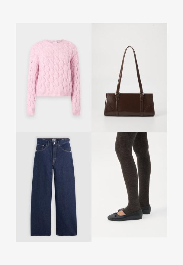 Lyserød strikket sweater med et struktureret kabelmønster, lange ærmer og rund halsudskæring. Ribkant forneden og ved ærmerne. Blødt stof.; Mørkeblå denim brede ben jeans med høj talje, der har fem lommer, bæltestropper og detaljer med kobber stikninger. Glat tekstur.; Ben iført mørke ribbede leggings kombineret med sorte balletsko med små sløjfedetaljer på hvid baggrund.; Brun lakeret håndtaske med rektangulær form, to lange håndtag og subtile buede detaljer på fronten.