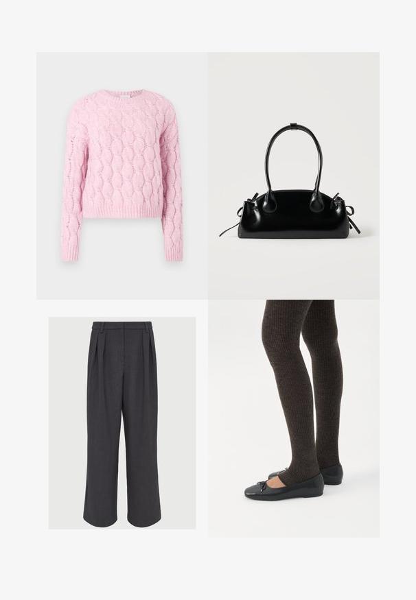 Roze gebreide trui met een textuur van kabelpatroon, lange mouwen en een ronde halslijn. Geribbelde zoom en manchetten. Zachte stof.; Wijde broek in donkergrijze stof, met voorplooien, een gladde textuur en een op maat gemaakte tailleband met riemlussen.; Benen met donkere geribbelde leggings gecombineerd met zwarte ballerina's met kleine strikdetails op een witte achtergrond.; Kleine zwarte glanzende handtas met twee lange hengsels en zijkant trekkoord details op een effen lichte achtergrond.