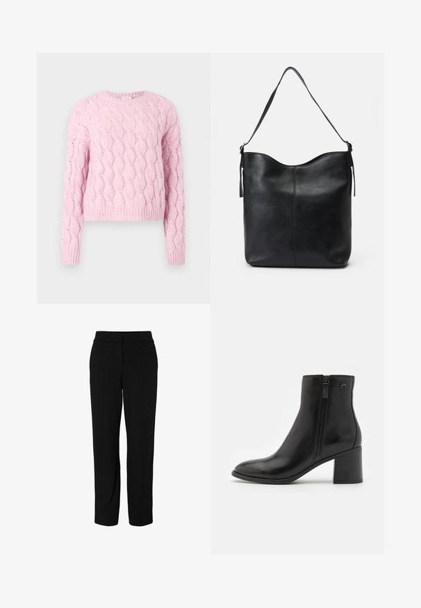 Suéter rosa de punto con patrón texturizado de cable, mangas largas y escote redondo. Dobladillo y puños acanalados. Tela suave.; Pantalones negros de corte entallado hechos de una tela suave. Presentan un diseño de pierna recta, cintura y pliegues frontales para dar estructura.; Botas negras hasta el tobillo, hechas de cuero suave, con un cierre lateral. Presentan una punta afilada y un tacón cuadrado texturizado para mayor estabilidad.; Bolso de hombro de piel negra con textura suave, parte superior redondeada, asa única y diseño minimalista sin herrajes visibles.