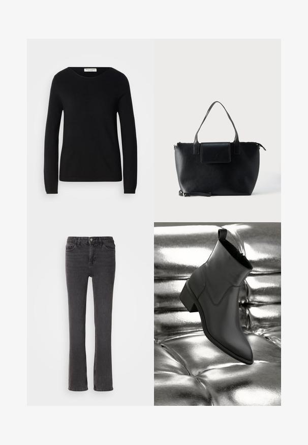 Pull noir à manches longues en tissu doux, doté d'un col rond et de poignets et d'un ourlet côtelés, mettant en avant une texture lisse et un design basique.; Jeans en denim noir à coupe droite, avec des poches avant, une fermeture éclair et des détails de couture subtils. Le tissu a une légère texture.; Bottine en cuir noir avec un talon bas reposant sur une surface rembourrée en métal argenté brillant, mettant en valeur la texture lisse et le design élégant.; Sac cabas en cuir noir avec deux poignées, une bandoulière amovible, une fermeture à rabat magnétique et une texture lisse. Fermeture supérieure zippée et surpiqûres décoratives.
