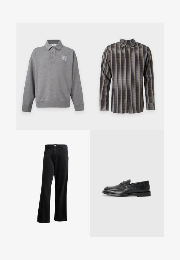 Grijs poloshirt met lange mouwen, drie knopen en een klein wit "Maison Kitsuné" logo op de linkerborst.; Overhemd met lange mouwen en knopen, met zwarte en grijze zigzag verticale strepen en een spitse kraag.; Zwarte denim jeans met een recht gesneden ontwerp, voorzien van voorzakken, een knoopsluiting en een lichte textuur. Inclusief een subtiele logo-detail.; Zwarte leren instappers met een ronde neus, gestikte details en een kleine gouden accent aan de voorkant. De zool is plat en discreet.