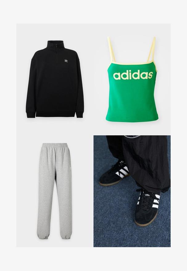 Sudadera negra con cremallera hasta un cuarto, hecha de tela suave, con cuello alto, puños acanalados y un pequeño logotipo blanco de Adidas en el pecho.; Top verde con detalles amarillos, hecho de material elástico. Presenta un gran logo de "adidas" amarillo en el frente y tirantes delgados.; Pantalones deportivos gris claro con cintura y puños elásticos, bolsillos laterales y un pequeño logo blanco en la parte superior del muslo.; Zapatillas deportivas de ante negro con tres rayas blancas y cordones negros. Un pantalón negro texturizado es parcialmente visible al lado de las zapatillas.