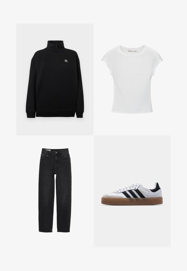 Sweat-shirt noir à fermeture à glissière quart, en tissu doux, avec un col montant, des poignets côtelés et un petit logo Adidas blanc sur la poitrine.; T-shirt en coton blanc avec manches courtes retroussées, encolure ronde et ourlet droit. Texture lisse sans motifs ni accents visibles.; Jeans en denim noir avec une coupe droite, dotés d'une fermeture à bouton, de cinq poches et de détails de couture subtils.; Baskets en cuir blanc avec des rayures noires, semelle extérieure en caoutchouc beige, bout rond, fermeture lacée et embout en suède gris doux.