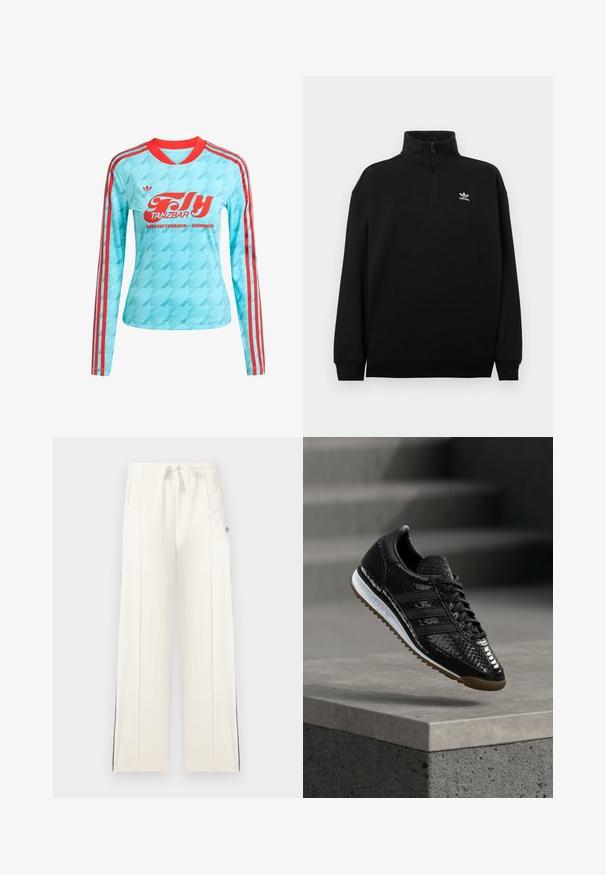 Schwarzes Sweatshirt mit Viertel-Reißverschluss aus weichem Stoff, mit hohem Kragen, gerippten Bündchen und kleinem weißen Adidas-Logo auf der Brust.; Langärmliges Sportoberteil in Hellblau mit roten Akzenten und drei Streifen. Verfügt über einen auffälligen roten Grafiktext und Hahnentrittmuster.; Weiße Sweatpants mit weitem Bein, elastischem Tunnelzugbund, Seitentaschen, vertikalen Nahtdetails und dezenten schwarzen Streifen entlang der Außenseiten der Beine.; Schwarzer glänzender Sneaker mit strukturiertem Muster, schwarzen Schnürsenkeln, weißer Zwischensohle und brauner Außensohle, präsentiert über einer Betonkante.